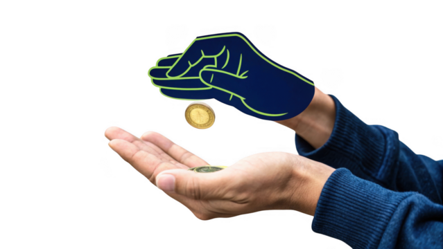 Hand tossing a golden coin in the air for a game of chance isolated on transparent background