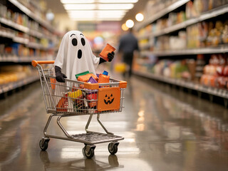 Cute Halloween Ghost Costume Kid with Snacks in Shopping Cart at Supermarket