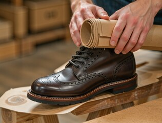 Shoemaker inserting cardboard into a leather boot in workshop