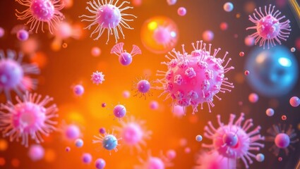 Fototapeta premium Pink microorganisms and bacteria in 3D, detailed scientific illustration with realistic textures and blue background, high resolution, 4K 