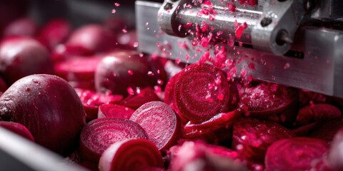 Slicing fresh red beets with a food processing machine for food industry use
