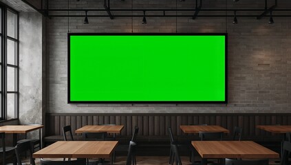 A  modern restaurant interior showcases a large blank green screen monitor on a brick wall.