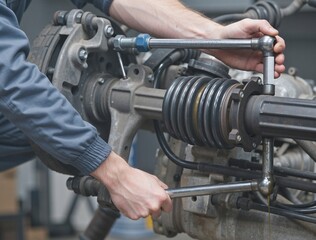Mechanic using breaker bar to tighten bolts on car axle in garage