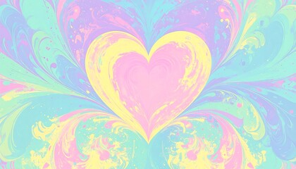 A vibrant, pastel-hued heart shape, formed from swirling, marbled patterns, evokes a gentle, dreamy mood.
