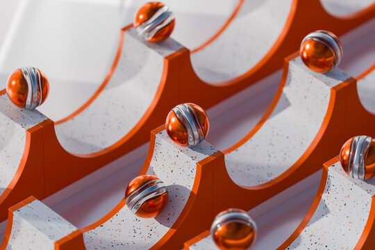 Abstract 3D marbles on orange and white geometric bridge background