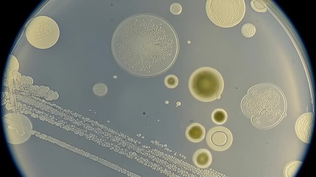 Microscopic view of bacterial colonies growing on agar in a petri dish, showcasing diverse shapes and sizes