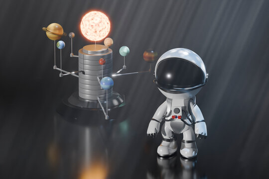 Cartoon 3d astronaut with planetary model in outer space