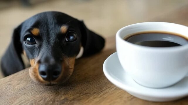 Dog curiously watches steaming coffee cup on table