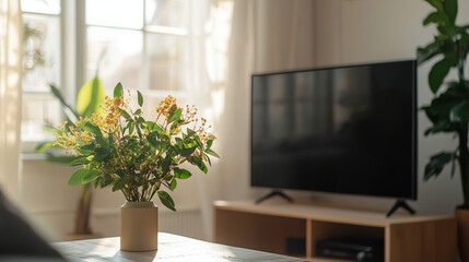 Front view of a living room during midday. The space is softly lit with natural daylight streaming in, creating a bright yet studio-like lighting effect. 