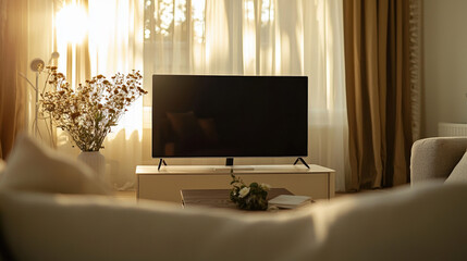 Front view of a living room during midday. The space is softly lit with natural daylight streaming in, creating a bright yet studio-like lighting effect