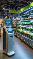 Utonomous robot scanning shelves in supermarket aisle with produce and vegetables