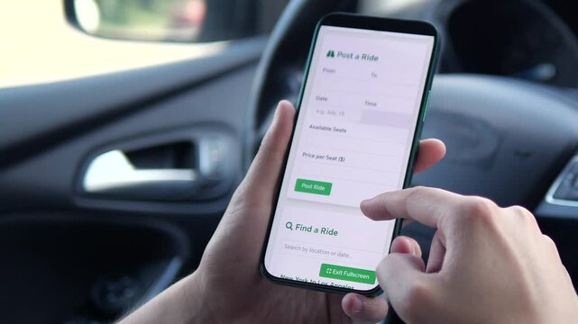 A driver creates a rideshare offer in-app, filling in details and publishing. Showcases shared economy and collaborative travel.