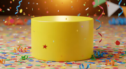 Bright yellow candle with falling confetti and party decorations in the background