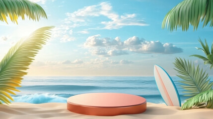 cylinder stage podium empty with summer beach background and surfboard, swimming ring, palm leaf
