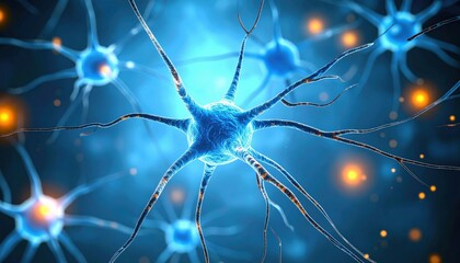 A detailed illustration of a neuron, showcasing its structure with intricate branches and glowing elements against a dark background.