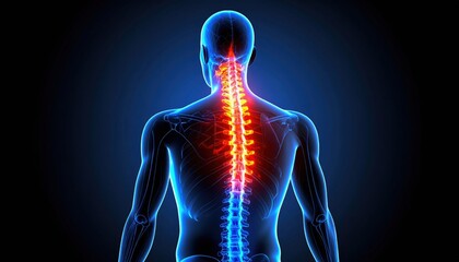 A digital illustration of a human spine highlighted in red against a dark background, emphasizing the nervous system and its connection to the body.