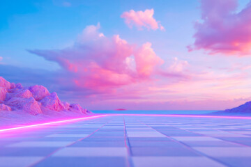 Retro synthwave sunset over digital gridpatterned virtual terrain neon aesthetic