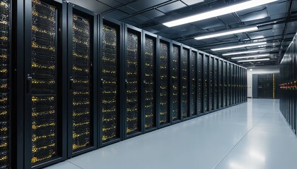 A long row of black server racks in a data center with bright lights on the ceiling and a gray floor