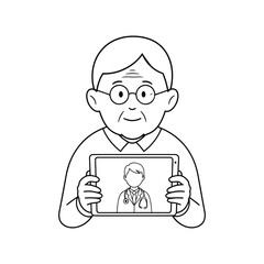 Elderly Man Using Telemedicine Tablet Vector Illustration – Online Doctor Consultation