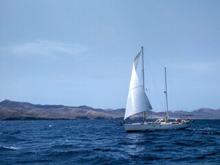 Fototapeta premium A white sailing yacht navigates the blue sea, featuring a prominent mast and full sails catching the wind