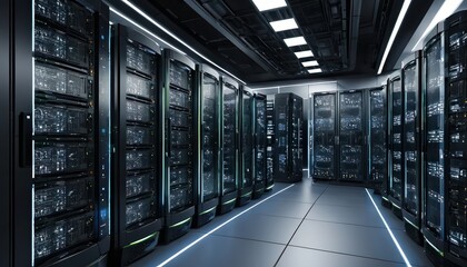 A server room filled with rows of computer servers providing data storage and processing power online
