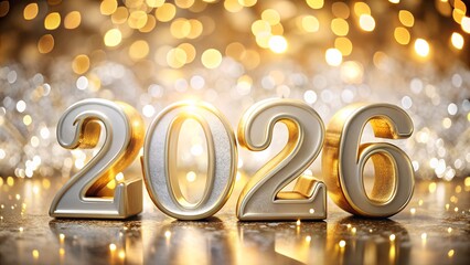 Metallic 2026 New Year Celebration with Bokeh Lights Background