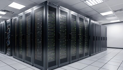 A long row of black server racks in a data center with white tiled floor and ceiling lights overhead