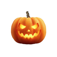 Glowing jack-o&rsquo;-lantern with scary carved face, isolated on white transparent background, perfect for Halloween design projects.

