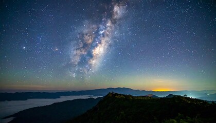 Majestic milky way stretches across a star-studded night sky above a landscape of misty mountains.