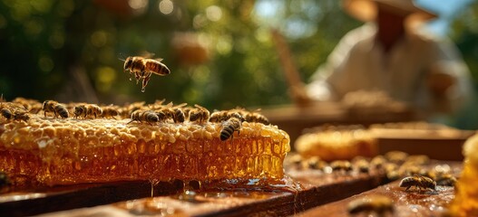 Honeycomb Filled with Honey and Bees Flying around on a Sunny Day with Blurred Beekeeper Working in the Background