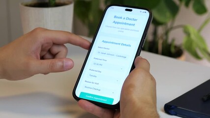 Close-up of hands using a healthcare app to schedule a doctors visit selecting a provider, choosing a time slot, and receiving confirmation. 