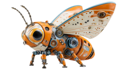 Mechanical insect with orange and white segmented body and intricate metal legs, cut out transparent