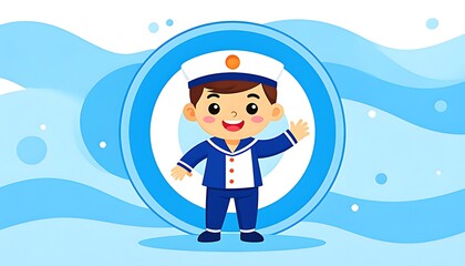 Cute child in sailor uniform against a light blue background.