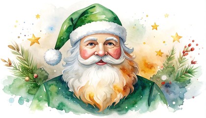 Green Santa Watercolor Portrait.