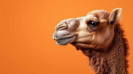 Obraz premium Close-up Profile of a Camel with Rich Texture Against a Bright Orange Background
