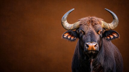 Naklejka premium Majestic Close-Up of a Strong Water Buffalo with Large Curved Horns on a Warm Brown Background