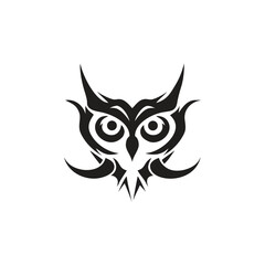 Stylized black tribal owl head logo with sharp angular features and large eyes graphic