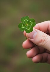Hand Holding a Rare Four-Leaf Clover.