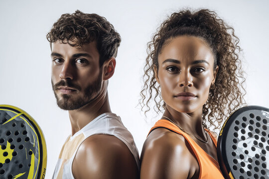 Focused male and female padel players standing back to back with rackets ready for the game in sporty attire - Powered by Adobe