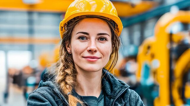 Confident woman in hard hat showcases her skills in busy industrial workshop during daylight hours