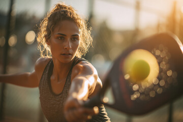 Focused female athlete playing pickleball with intense concentration during a sunset outdoor game