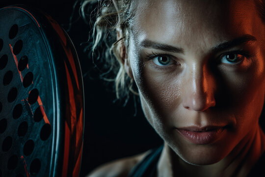 Close-up intense portrait of a female athlete with paddle racket ready for padel or tennis match