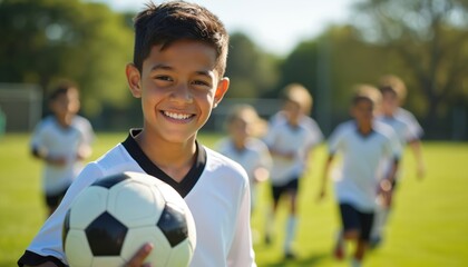 Smiling Latino boy holds soccer ball on field during team practice. Other young players run in background on sunny day. Active childhood, youth sports, team training, outdoor fun.