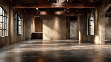 Obraz premium Sunlit industrial loft space with high ceilings, arched windows, and exposed beams