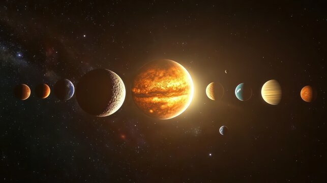 Solar system planets aligned, star, space.