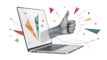 Creative digital art of a hand giving a thumbs up from a laptop screen with abstract shapes isolated on transparent background