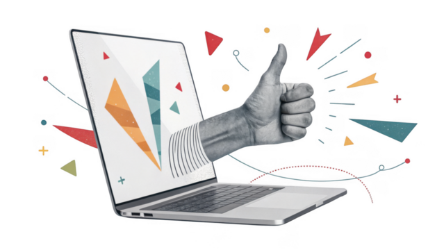 Creative digital art of a hand giving a thumbs up from a laptop screen with abstract shapes isolated on transparent background - Powered by Adobe