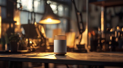 Front view of a product placed on a working table, illuminated with studio-like lighting. 