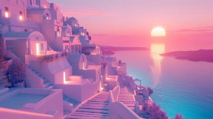 Coastal Village at Sunset White Buildings on a Hillside with Colorful Sky over the Sea.