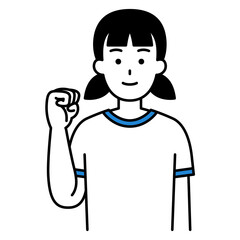 ガッツポーズをする体操着の女子学生